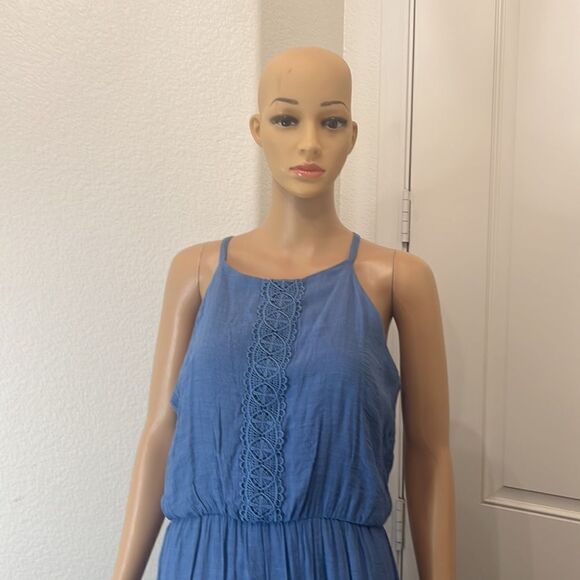 AUW Dress Sz Medium Blue Spaghetti Straps Sleeveless Crotchet Floral Summer Maxi - Picture 2 of 13